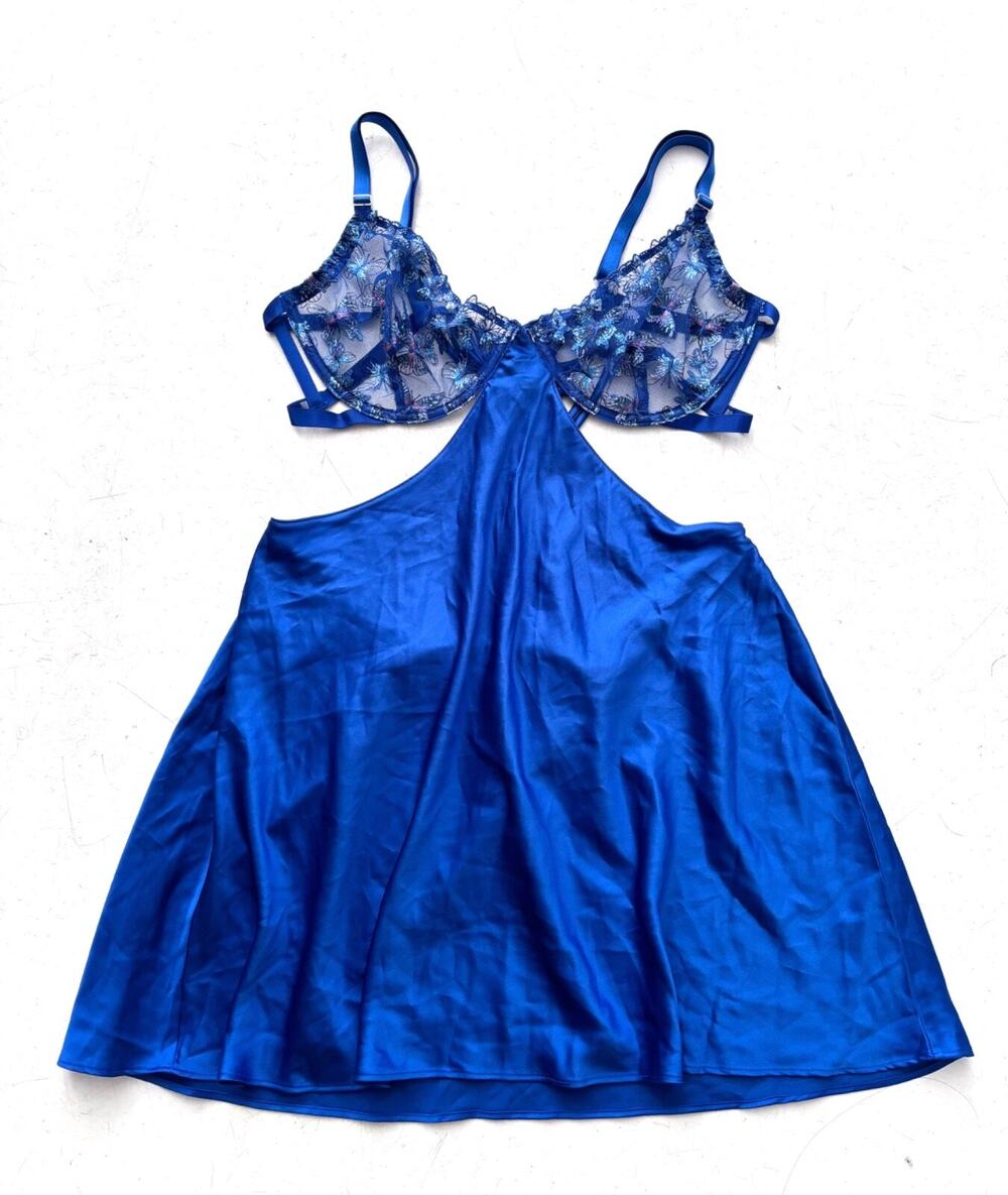 Victoria's Secret Nwt Butterfly Embroidered Blue Demi w/ Satin Slip Gown XL